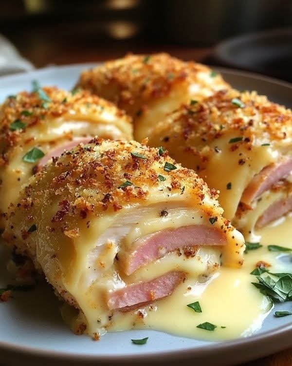 Rolê de frango empanado e recheado